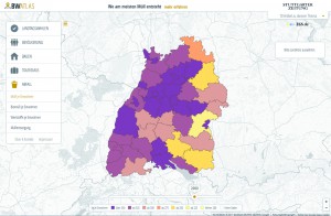 Der Baden-Württemberg-Atlas der Stuttgarter Zeitung ist ein aufwendig produziertes, interaktives Datenprojekt. Die Nutzer können Zahlen zu fünf Themen nach Landkreisen geordnet abrufen. Außerdem ist es möglich, Entwicklungen mehrere Jahre zurückzuverfolgen. 